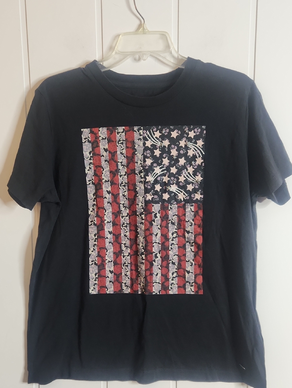 Coach Black Short‑Sleeve Tee with Red, White and Blue Flag Graphic Studded